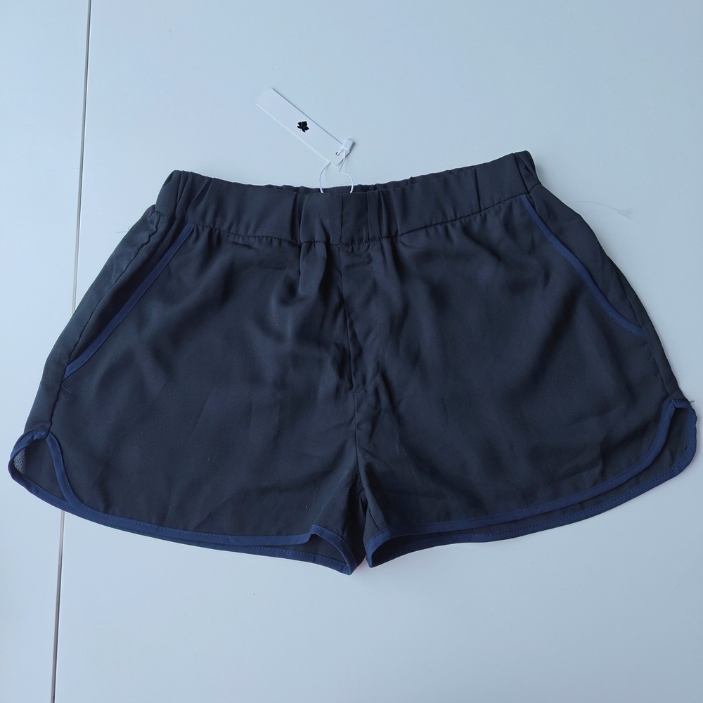 Against Nudity Montreal Womens XS Black Athletic Shorts Pockets Navy Piping NWT